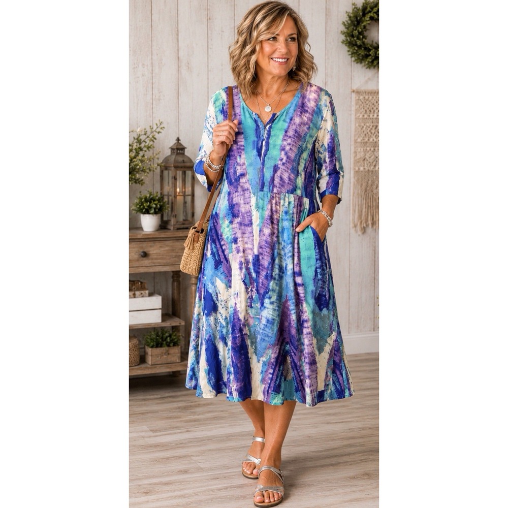 Soft Surroundings Large Midi Dress Abstract Boho Purple Teal 3/4 Sleeve Pocket